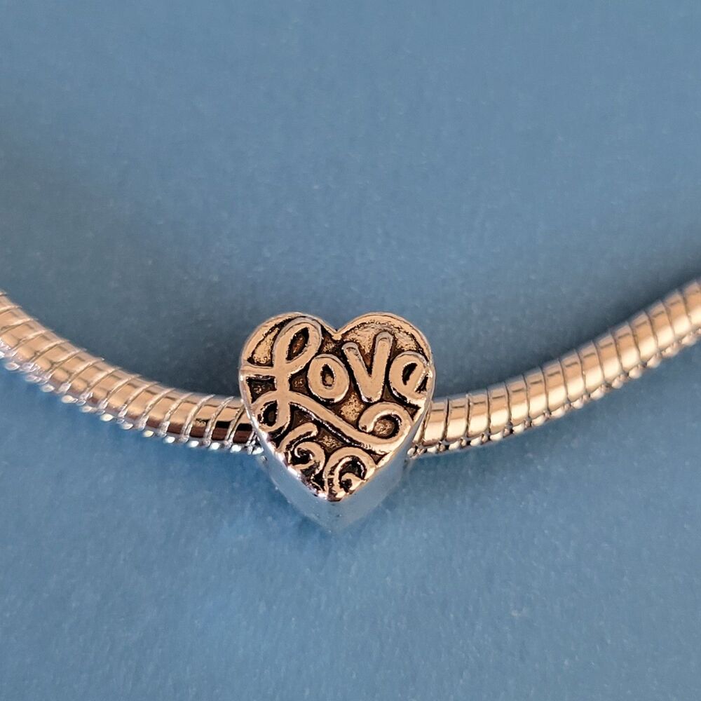 NWT For Pandora Charm Bracelet Antique Silver Color Heart LOVE Spelled Out Bead